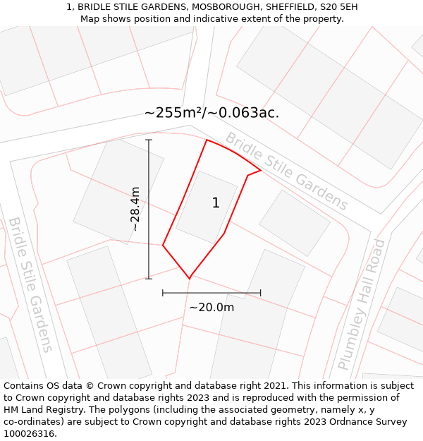 1, BRIDLE STILE GARDENS, MOSBOROUGH, SHEFFIELD, S20 5EH: Plot and title map
