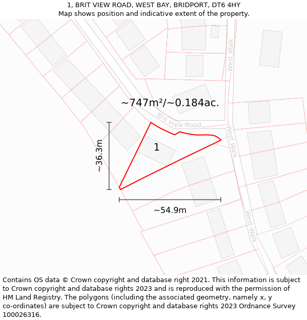 1, BRIT VIEW ROAD, WEST BAY, BRIDPORT, DT6 4HY: Plot and title map