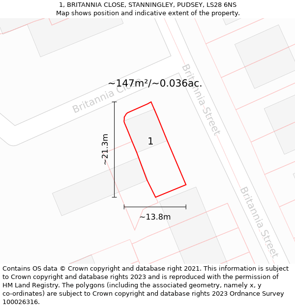 1, BRITANNIA CLOSE, STANNINGLEY, PUDSEY, LS28 6NS: Plot and title map