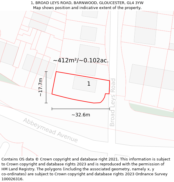 1, BROAD LEYS ROAD, BARNWOOD, GLOUCESTER, GL4 3YW: Plot and title map