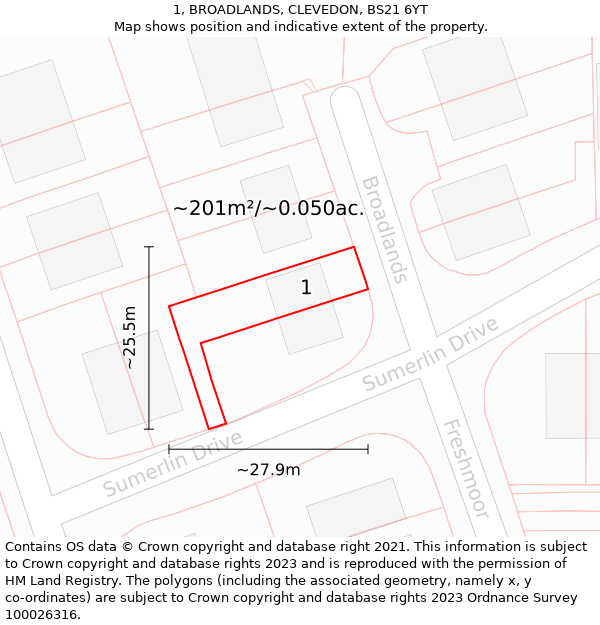 1, BROADLANDS, CLEVEDON, BS21 6YT: Plot and title map