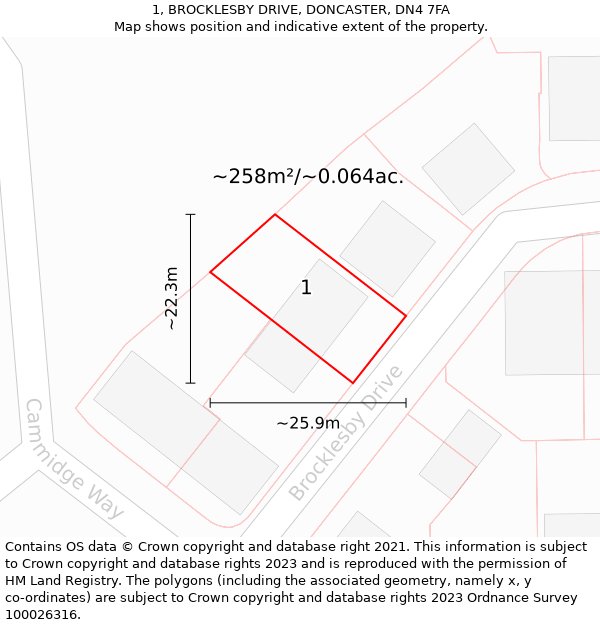 1, BROCKLESBY DRIVE, DONCASTER, DN4 7FA: Plot and title map