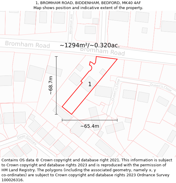 1, BROMHAM ROAD, BIDDENHAM, BEDFORD, MK40 4AF: Plot and title map