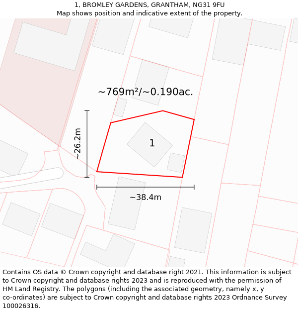 1, BROMLEY GARDENS, GRANTHAM, NG31 9FU: Plot and title map