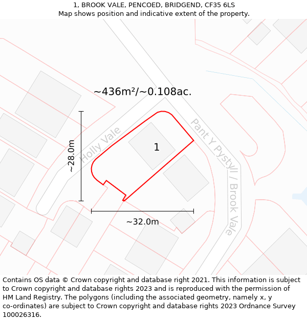 1, BROOK VALE, PENCOED, BRIDGEND, CF35 6LS: Plot and title map