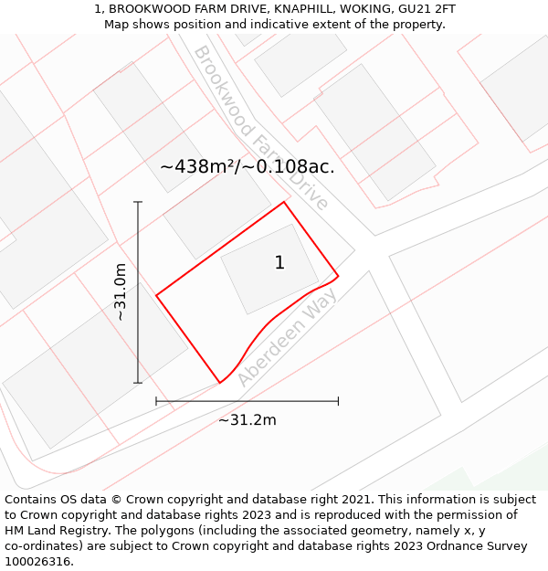 1, BROOKWOOD FARM DRIVE, KNAPHILL, WOKING, GU21 2FT: Plot and title map