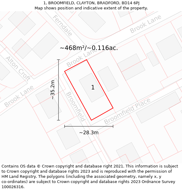 1, BROOMFIELD, CLAYTON, BRADFORD, BD14 6PJ: Plot and title map