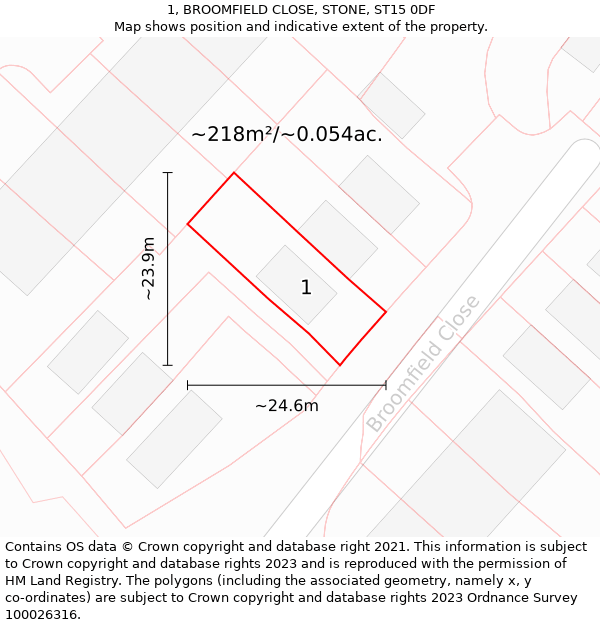 1, BROOMFIELD CLOSE, STONE, ST15 0DF: Plot and title map