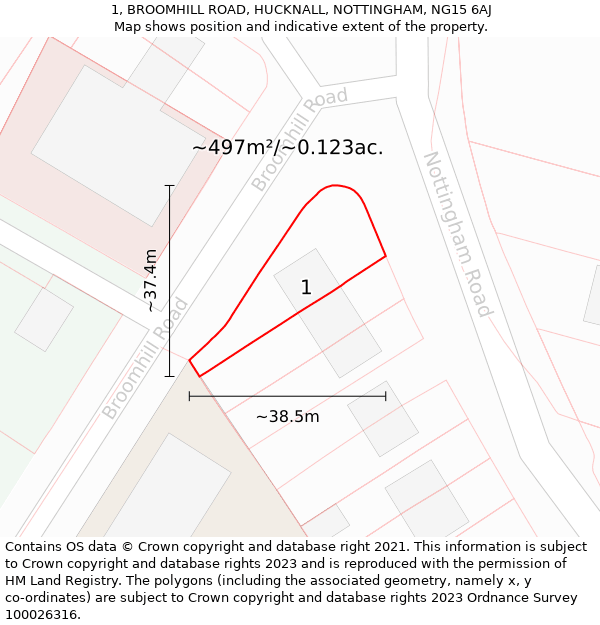 1, BROOMHILL ROAD, HUCKNALL, NOTTINGHAM, NG15 6AJ: Plot and title map