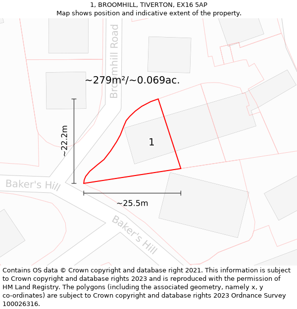 1, BROOMHILL, TIVERTON, EX16 5AP: Plot and title map