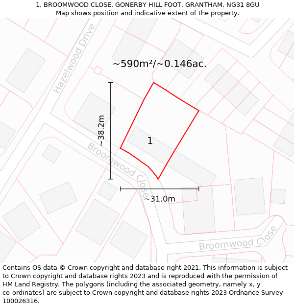 1, BROOMWOOD CLOSE, GONERBY HILL FOOT, GRANTHAM, NG31 8GU: Plot and title map