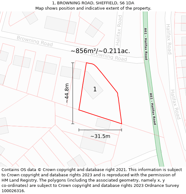1, BROWNING ROAD, SHEFFIELD, S6 1DA: Plot and title map