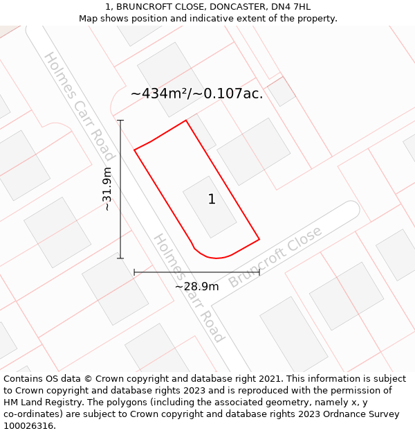 1, BRUNCROFT CLOSE, DONCASTER, DN4 7HL: Plot and title map