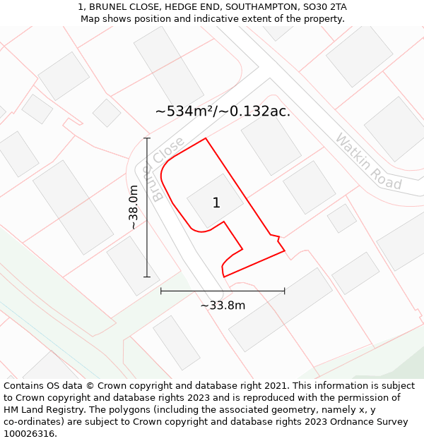 1, BRUNEL CLOSE, HEDGE END, SOUTHAMPTON, SO30 2TA: Plot and title map