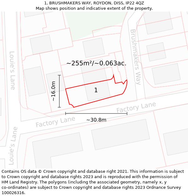 1, BRUSHMAKERS WAY, ROYDON, DISS, IP22 4QZ: Plot and title map