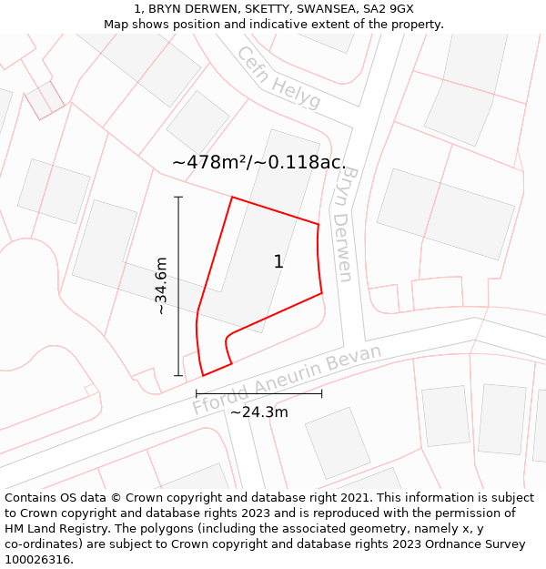 1, BRYN DERWEN, SKETTY, SWANSEA, SA2 9GX: Plot and title map