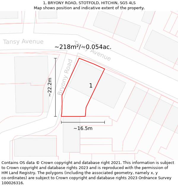 1, BRYONY ROAD, STOTFOLD, HITCHIN, SG5 4LS: Plot and title map