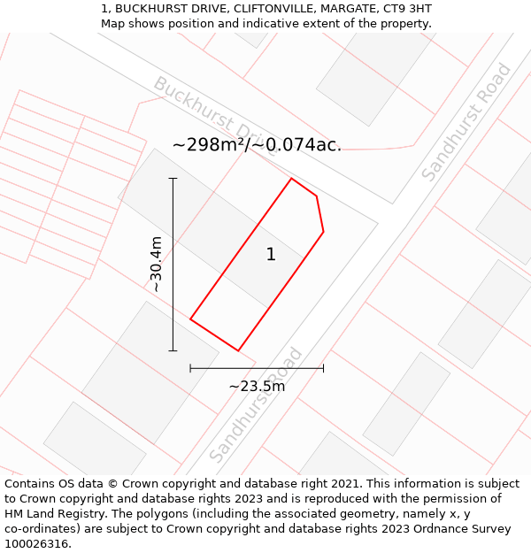 1, BUCKHURST DRIVE, CLIFTONVILLE, MARGATE, CT9 3HT: Plot and title map