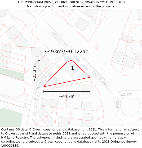 1, BUCKINGHAM DRIVE, CHURCH GRESLEY, SWADLINCOTE, DE11 9LD: Plot and title map