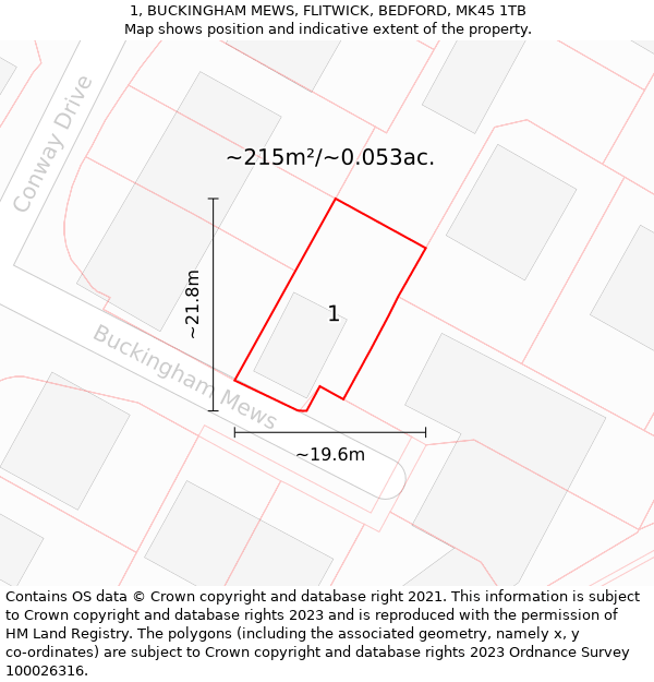 1, BUCKINGHAM MEWS, FLITWICK, BEDFORD, MK45 1TB: Plot and title map