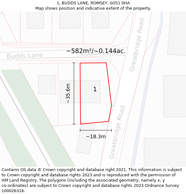 1, BUDDS LANE, ROMSEY, SO51 0HA: Plot and title map