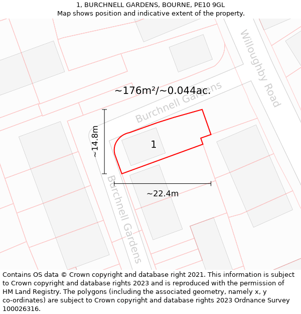 1, BURCHNELL GARDENS, BOURNE, PE10 9GL: Plot and title map