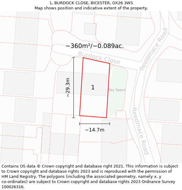 1, BURDOCK CLOSE, BICESTER, OX26 3WS: Plot and title map