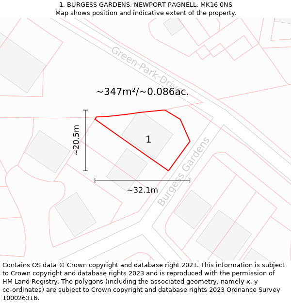 1, BURGESS GARDENS, NEWPORT PAGNELL, MK16 0NS: Plot and title map