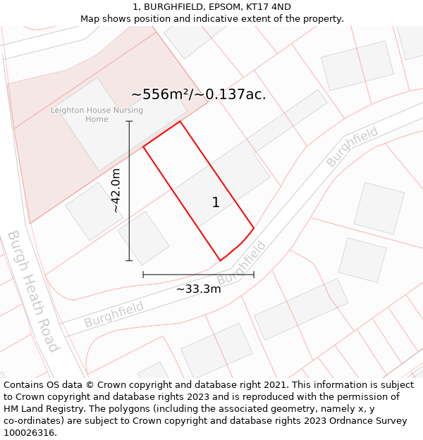 1, BURGHFIELD, EPSOM, KT17 4ND: Plot and title map