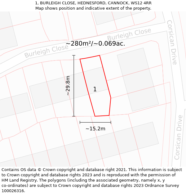 1, BURLEIGH CLOSE, HEDNESFORD, CANNOCK, WS12 4RR: Plot and title map