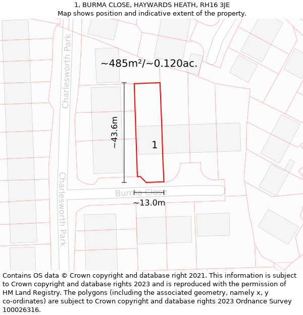 1, BURMA CLOSE, HAYWARDS HEATH, RH16 3JE: Plot and title map