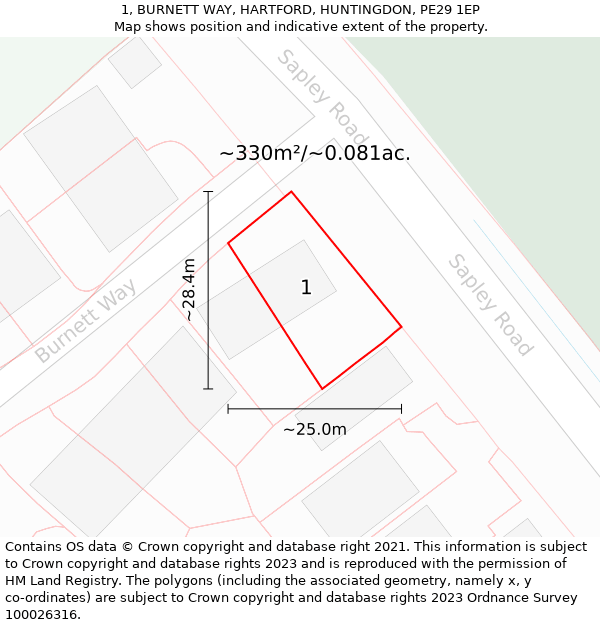 1, BURNETT WAY, HARTFORD, HUNTINGDON, PE29 1EP: Plot and title map