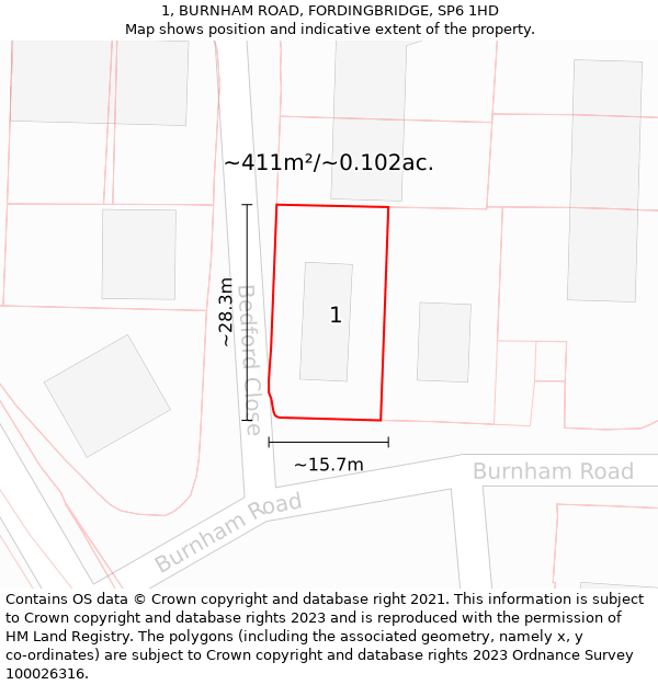 1, BURNHAM ROAD, FORDINGBRIDGE, SP6 1HD: Plot and title map