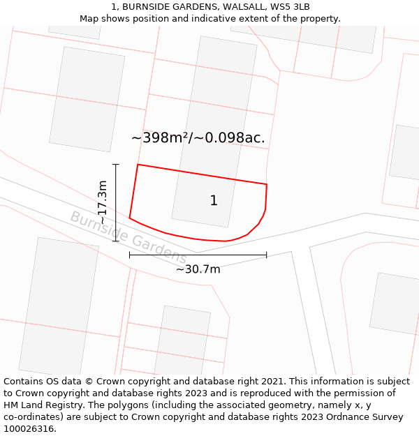 1, BURNSIDE GARDENS, WALSALL, WS5 3LB: Plot and title map