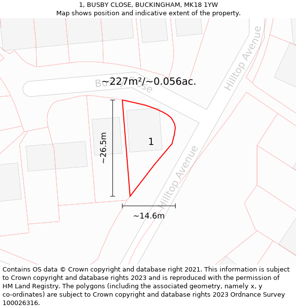 1, BUSBY CLOSE, BUCKINGHAM, MK18 1YW: Plot and title map