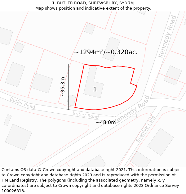 1, BUTLER ROAD, SHREWSBURY, SY3 7AJ: Plot and title map