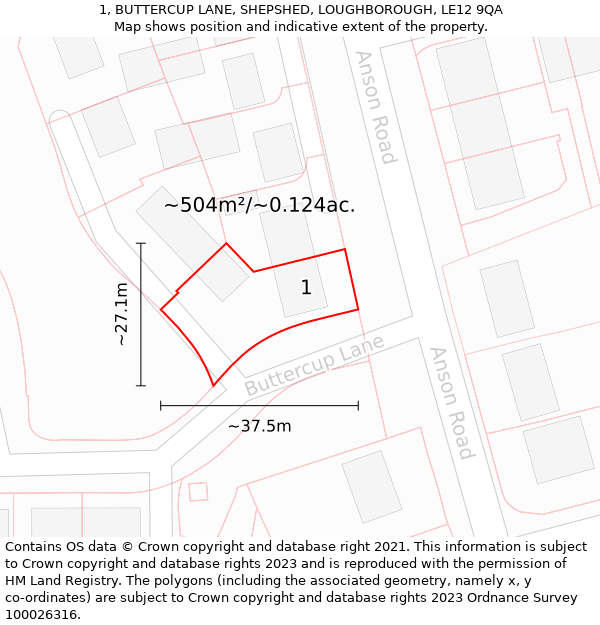 1, BUTTERCUP LANE, SHEPSHED, LOUGHBOROUGH, LE12 9QA: Plot and title map