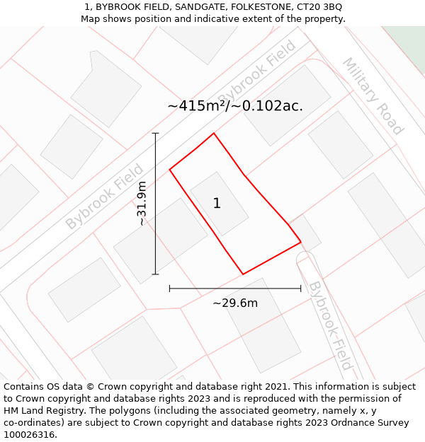 1, BYBROOK FIELD, SANDGATE, FOLKESTONE, CT20 3BQ: Plot and title map