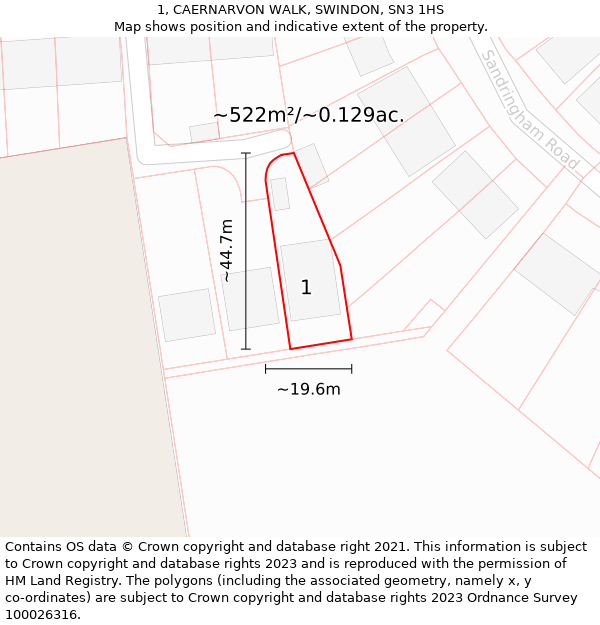 1, CAERNARVON WALK, SWINDON, SN3 1HS: Plot and title map