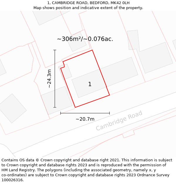1, CAMBRIDGE ROAD, BEDFORD, MK42 0LH: Plot and title map