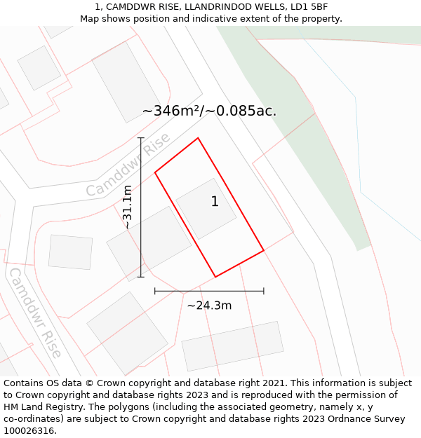 1, CAMDDWR RISE, LLANDRINDOD WELLS, LD1 5BF: Plot and title map