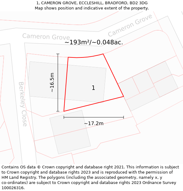 1, CAMERON GROVE, ECCLESHILL, BRADFORD, BD2 3DG: Plot and title map