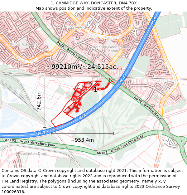 1, CAMMIDGE WAY, DONCASTER, DN4 7BX: Plot and title map