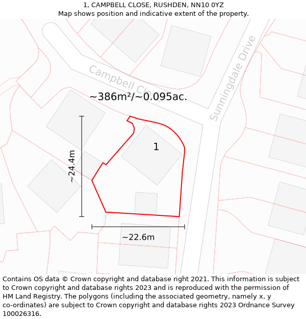 1, CAMPBELL CLOSE, RUSHDEN, NN10 0YZ: Plot and title map