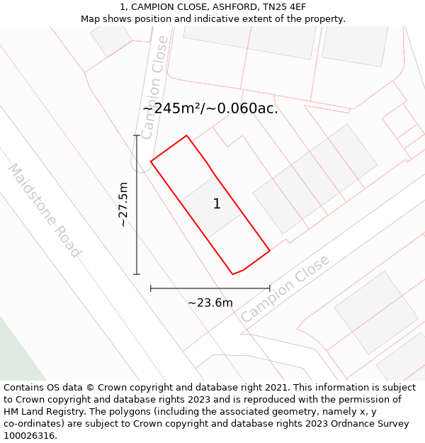 1, CAMPION CLOSE, ASHFORD, TN25 4EF: Plot and title map