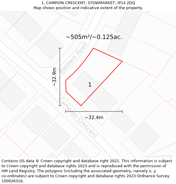 1, CAMPION CRESCENT, STOWMARKET, IP14 2DQ: Plot and title map