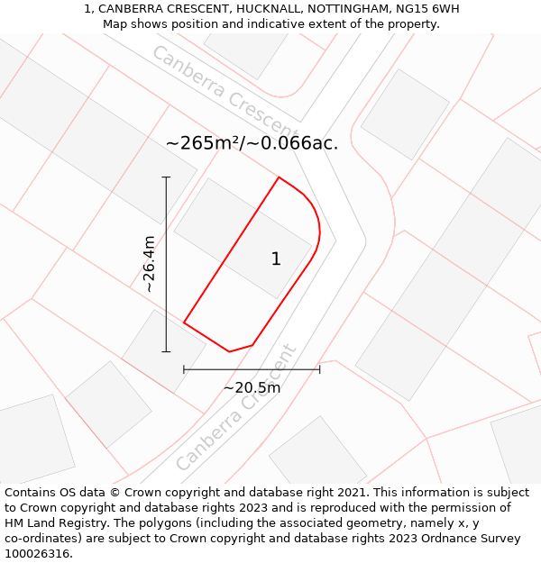 1, CANBERRA CRESCENT, HUCKNALL, NOTTINGHAM, NG15 6WH: Plot and title map