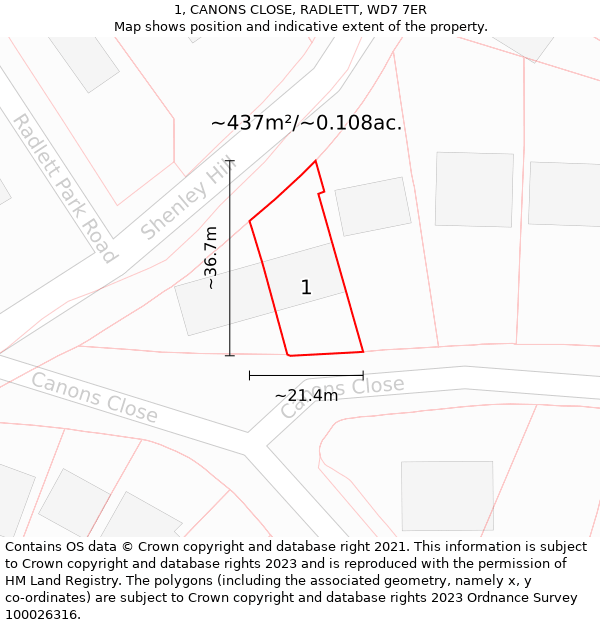 1, CANONS CLOSE, RADLETT, WD7 7ER: Plot and title map