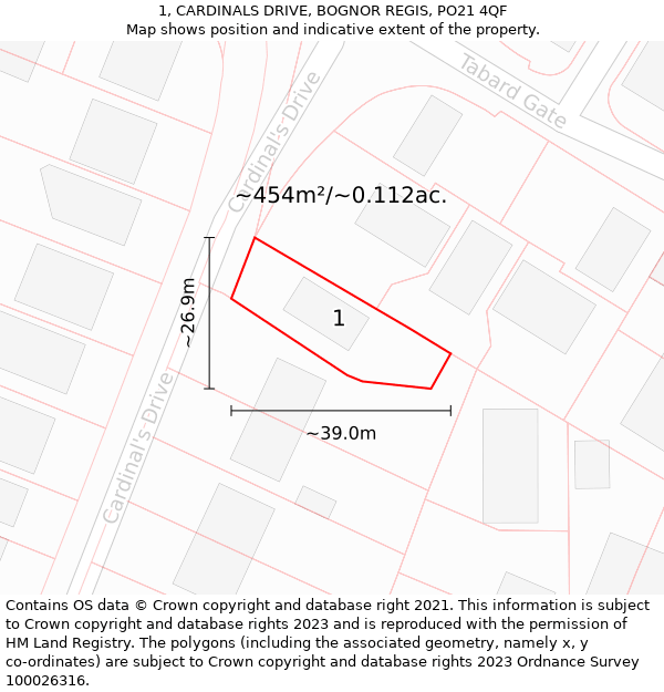 1, CARDINALS DRIVE, BOGNOR REGIS, PO21 4QF: Plot and title map