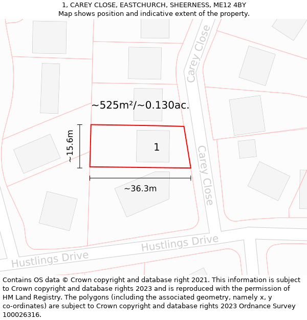 1, CAREY CLOSE, EASTCHURCH, SHEERNESS, ME12 4BY: Plot and title map
